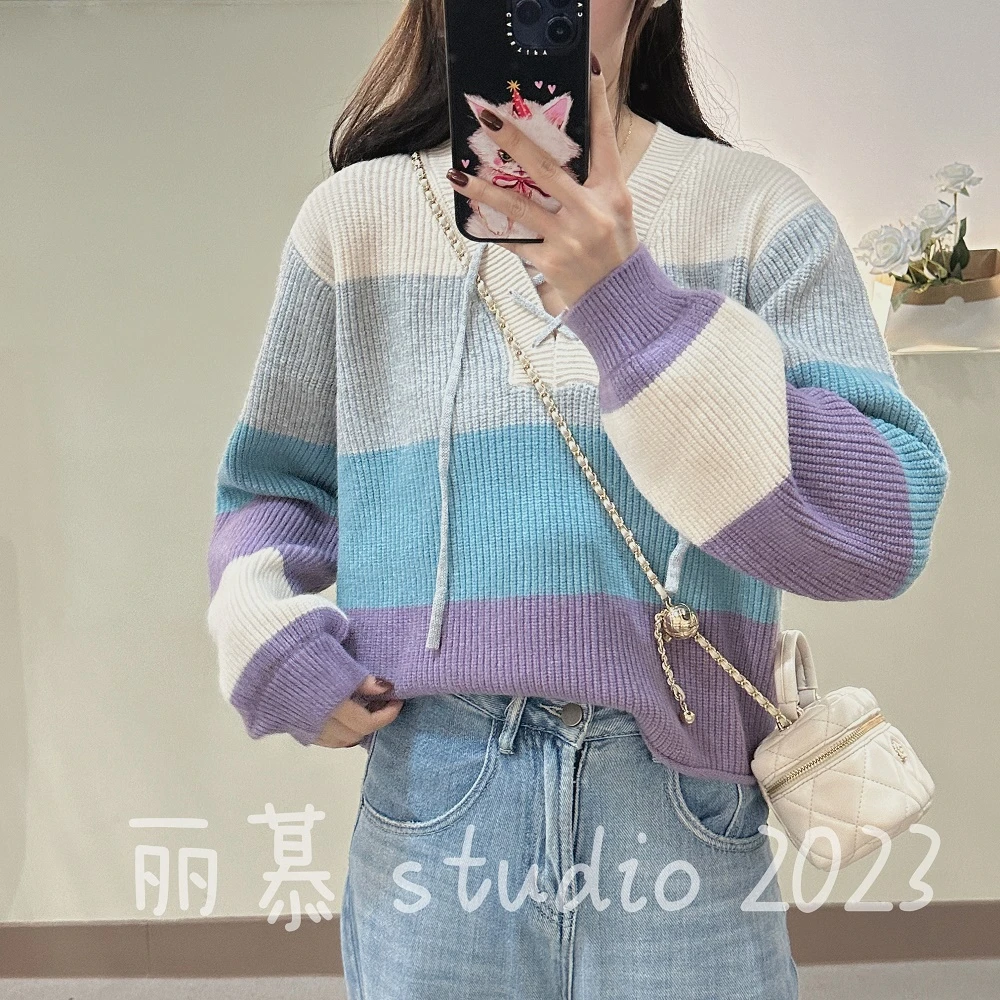 韩系撞色条纹系带针织衫毛衣女秋冬外穿V领短款小个子上衣