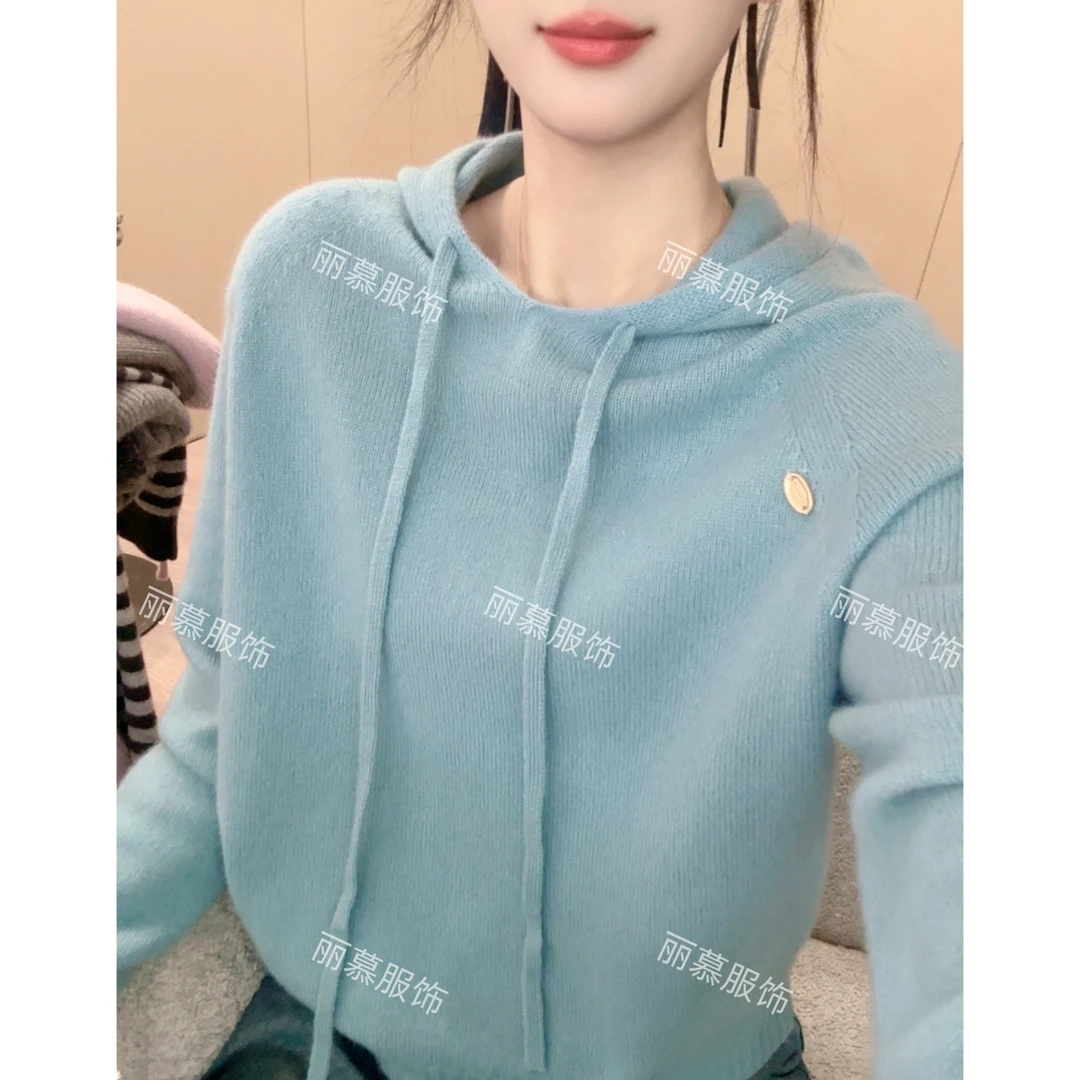 【缝标抽绳连帽衫】慵懒风纯色宽松缝标抽绳针织连帽衫毛衣9025