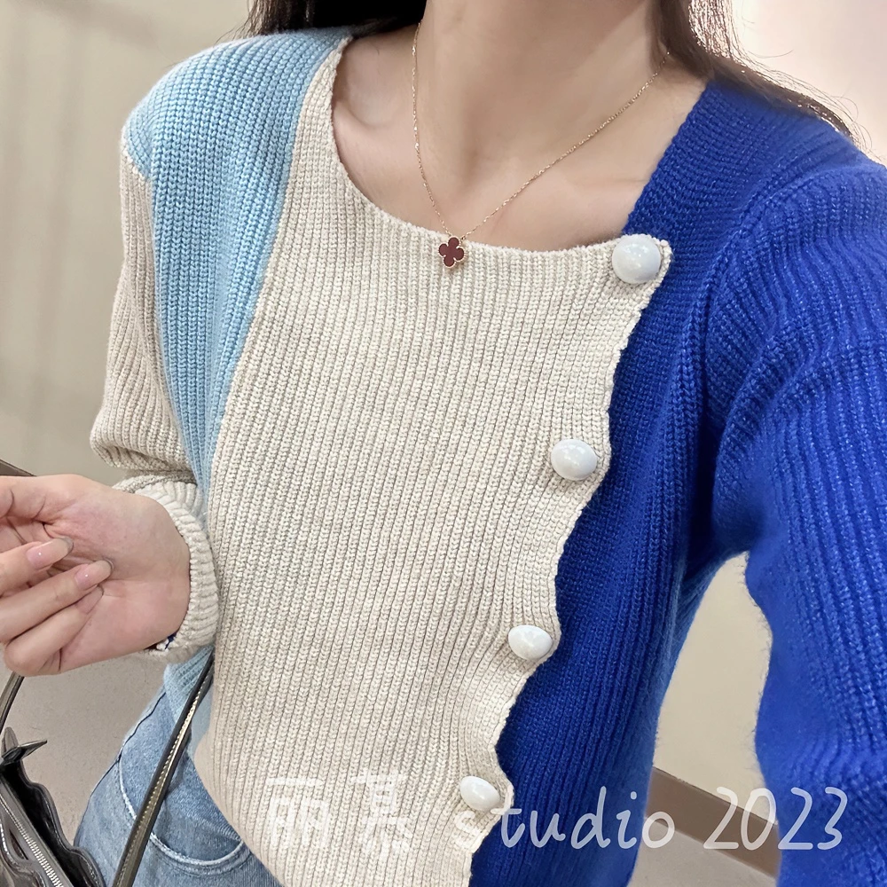 设计感小众撞色拼接不规则单排扣针织长袖开衫女秋季百搭上衣