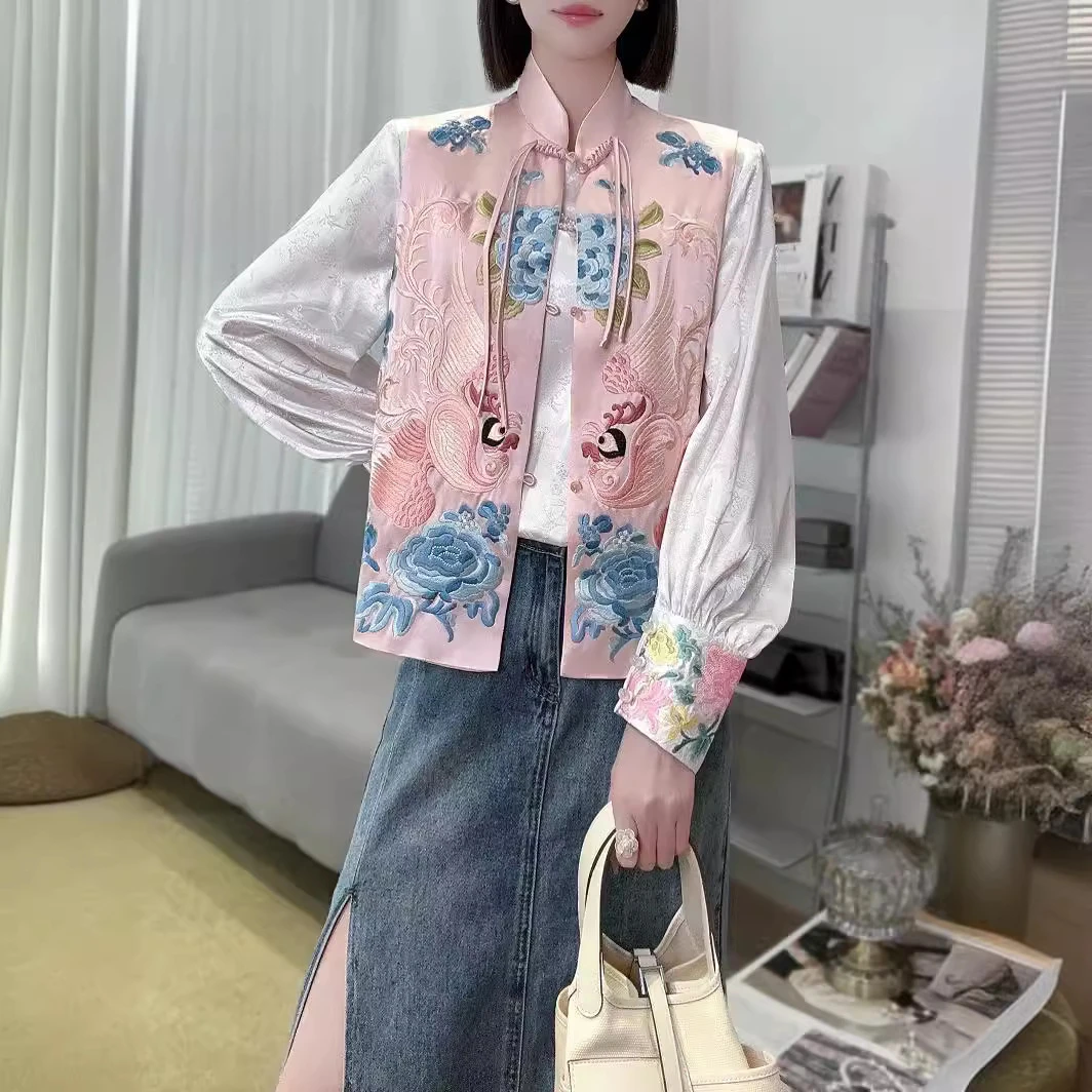 南油新款时尚气质国风马夹锦鸡刺绣对襟立领醋酸刺绣新中式马甲女