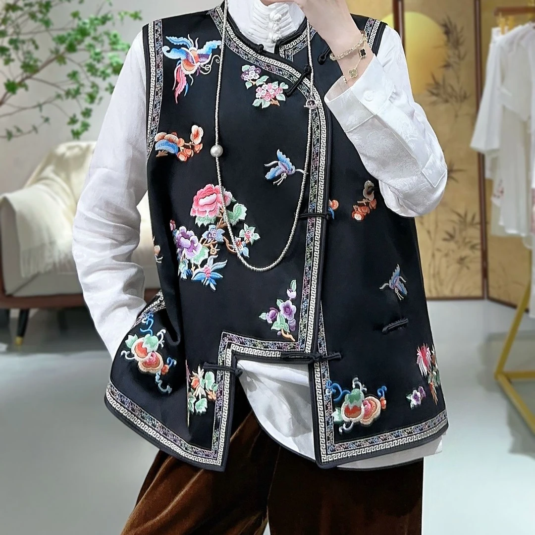 原创国风马夹直襟新款新中式重工满绣花蝶恋斜襟时尚醋酸刺绣马甲