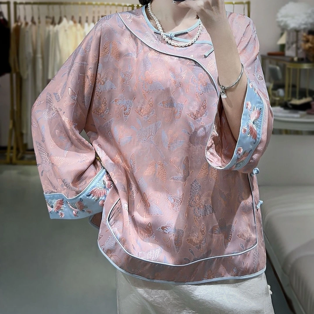 南油国风夏季新款中式人丝提花复古上衣蝴蝶刺绣圆领宽松国风上衣