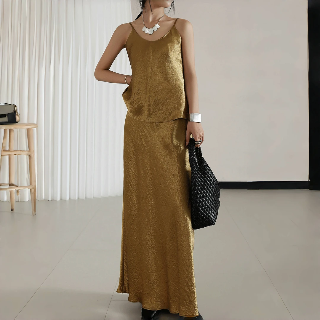 设计款丝光醋酸半裙高腰鱼尾裙轻奢时尚气质显瘦半身裙褶皱感长裙