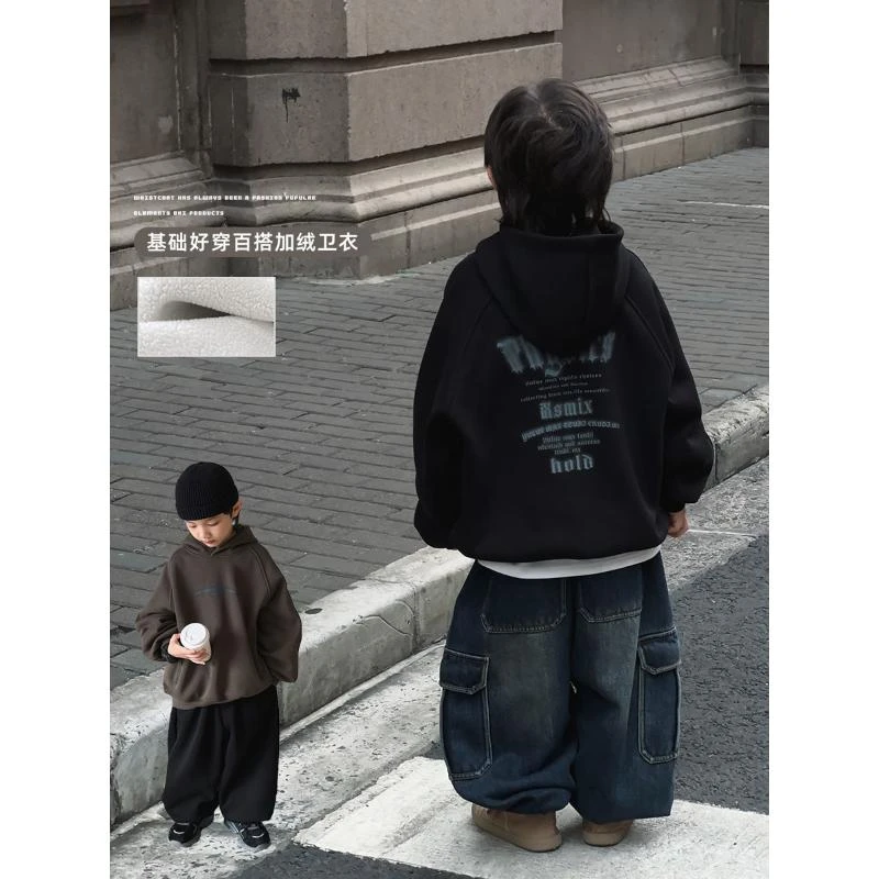男童复古美式连帽卫衣秋冬新款慵懒宽松加厚大童秋装绒童装卫衣潮