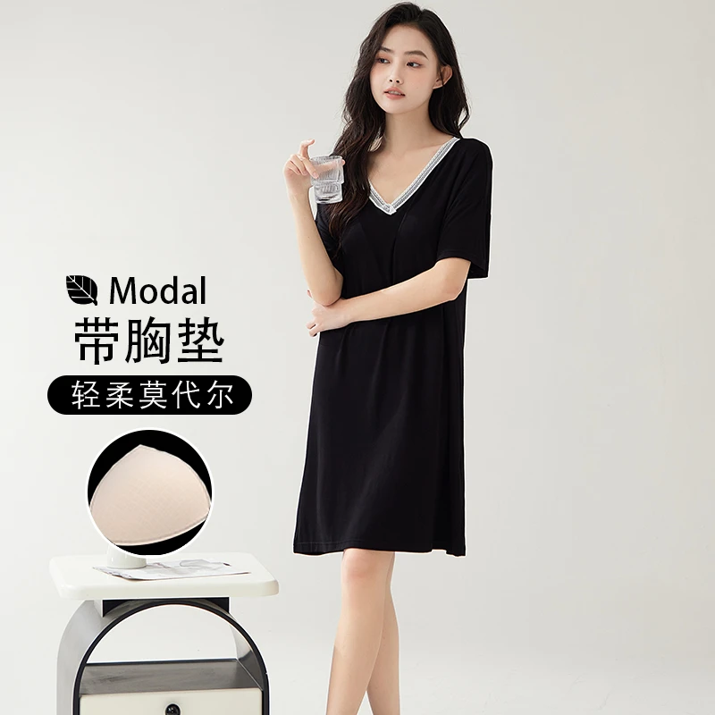 带胸垫睡裙女夏季莫代尔棉V领宽松大码夏天中裙2024年新款家居服