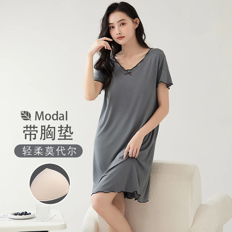 带胸垫睡裙女夏季莫代尔棉夏天薄款凉感大码宽松家居服可外穿中裙