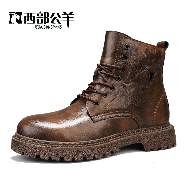 38-44西部公羊牛皮马丁靴复古潮流英伦风高帮软底增高男靴7706