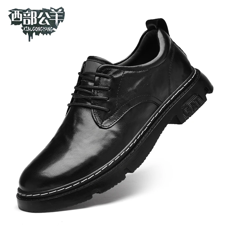 37-46西部公羊休闲皮鞋百搭系带牛皮男靴秋工作鞋增高马丁靴1067