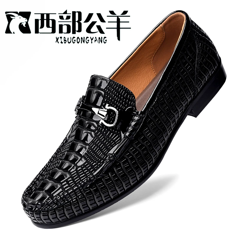 【秋季上新】西部公羊男士牛皮鳄鱼纹商务休闲皮鞋新郎结婚鞋23008