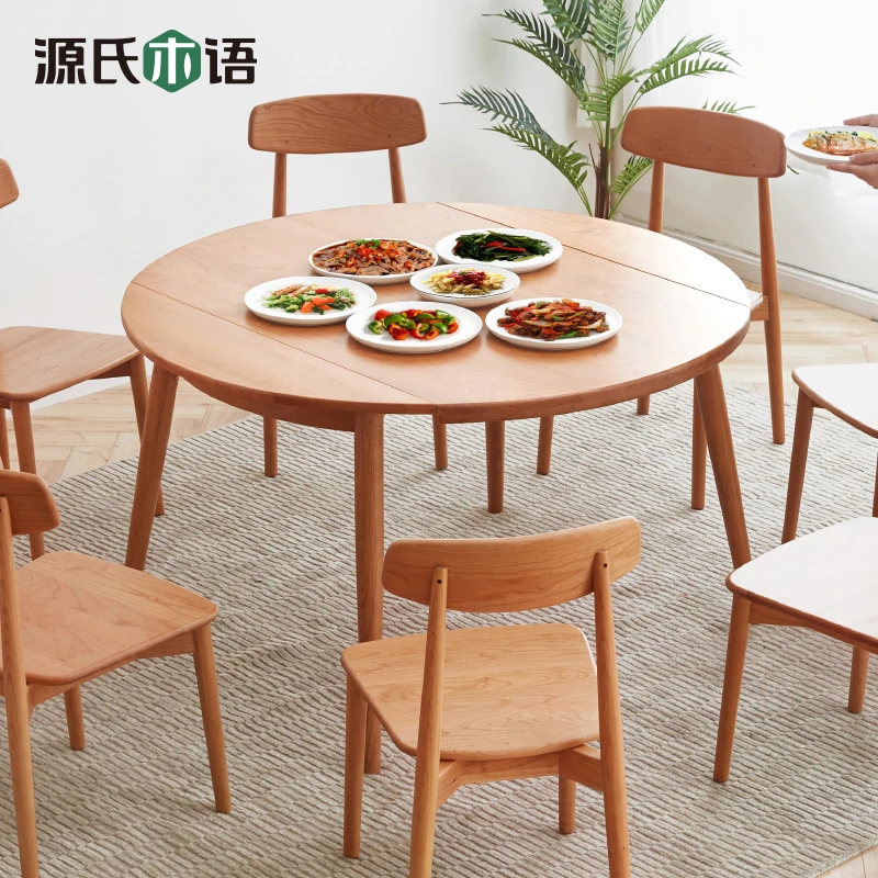 源氏木语实木餐桌家用小户型折叠饭桌樱桃木圆桌餐桌椅组合Y17R06