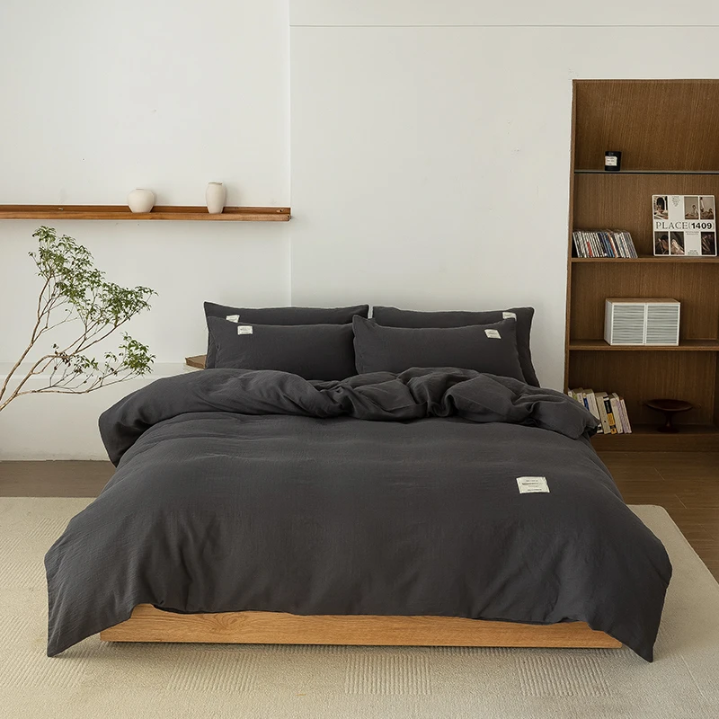 新款北欧简约纯棉A类母婴级全棉双层纱四件套纯色被套被单三件套