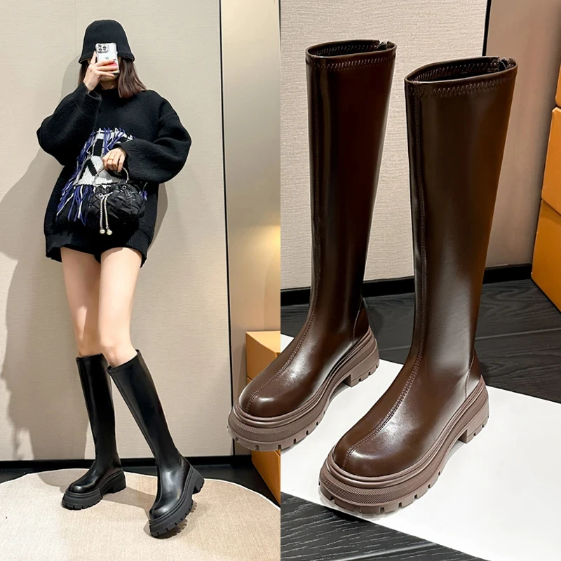 长筒靴女英伦风粗腿骑士靴胖mm高筒长靴加宽厚女款底大码女靴子