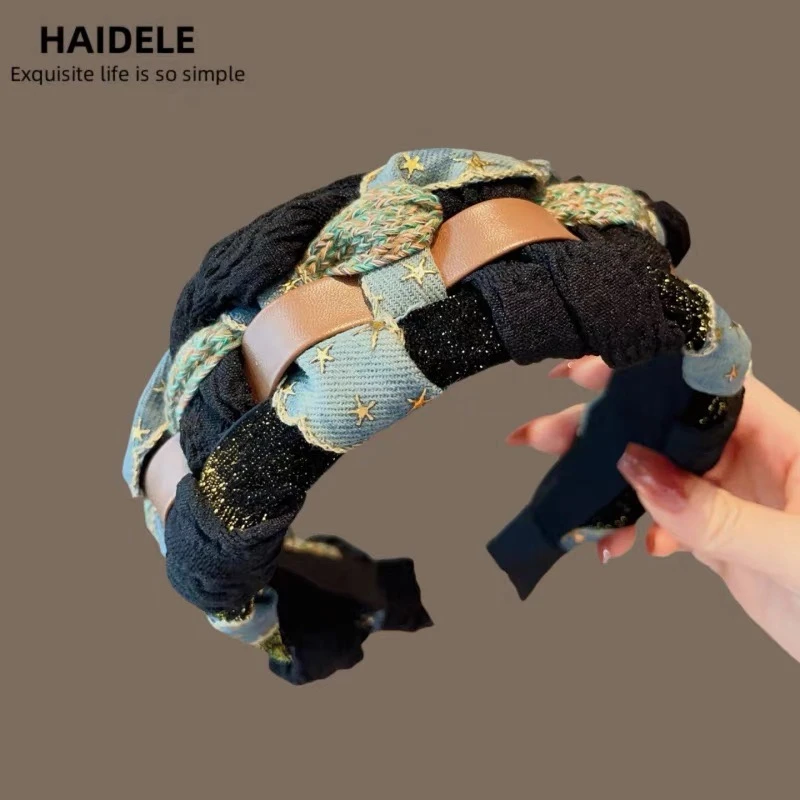 刘亦菲同款高颅顶牛仔星星麻花发箍复古编织宽边头箍发卡2024新款