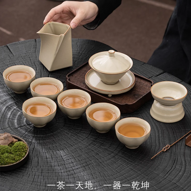 多德家（隔天发货）景德镇金丝汝瓷厚托三才盖碗防烫菱形公道杯