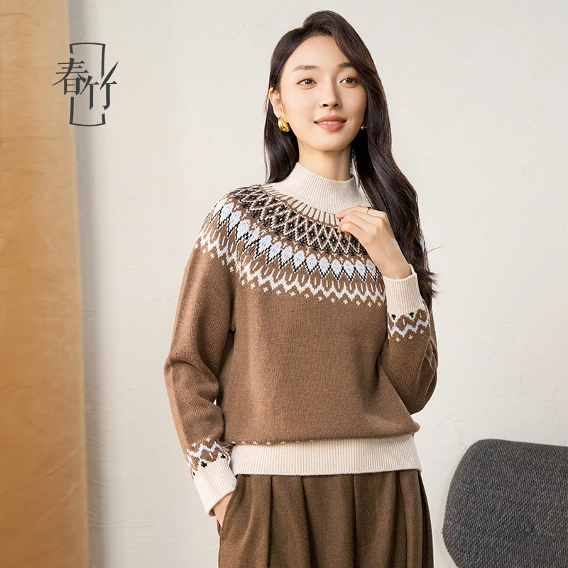 春竹100%绵羊毛法式复费尔岛提花圆领毛衣加厚保暖针纯色羊毛衫