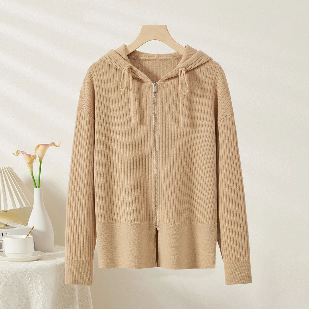 春竹品牌24秋冬新款时尚简约连帽羊毛衫毛衣针织衫拉链女开衫外套