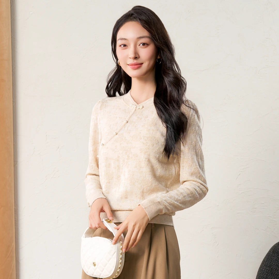 春竹25秋冬轻奢高档中国风时尚百搭绣花女士长袖针织衫提花新中式