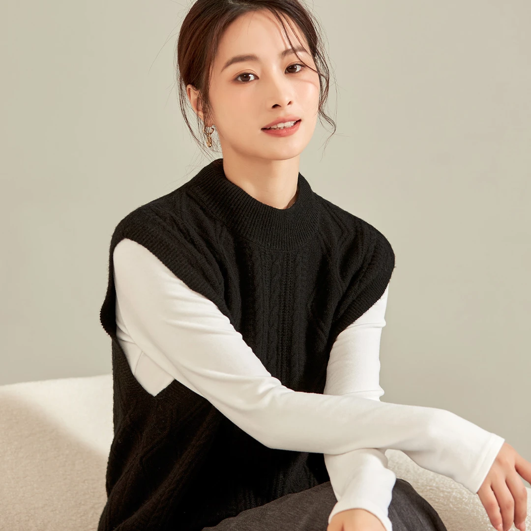 春竹2024秋季新款时尚百搭羊毛衫半高领女士针织简约休闲打底背心