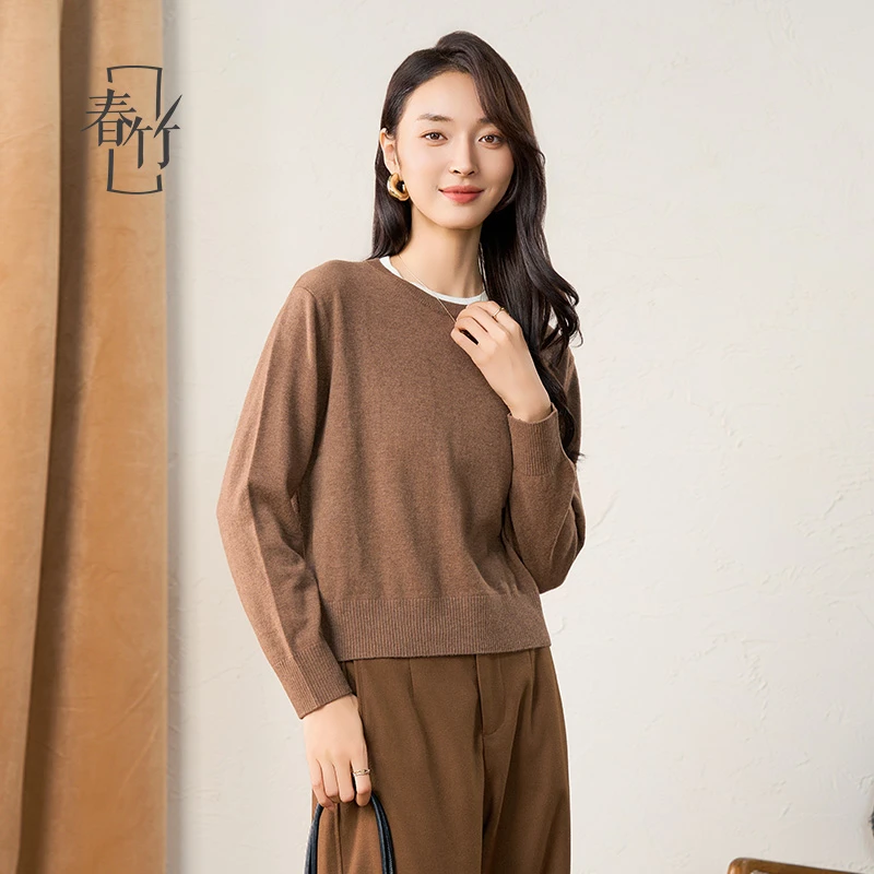 春竹品牌24秋冬新款100%绵羊毛假两件羊毛宽松百搭女士长袖针织衫