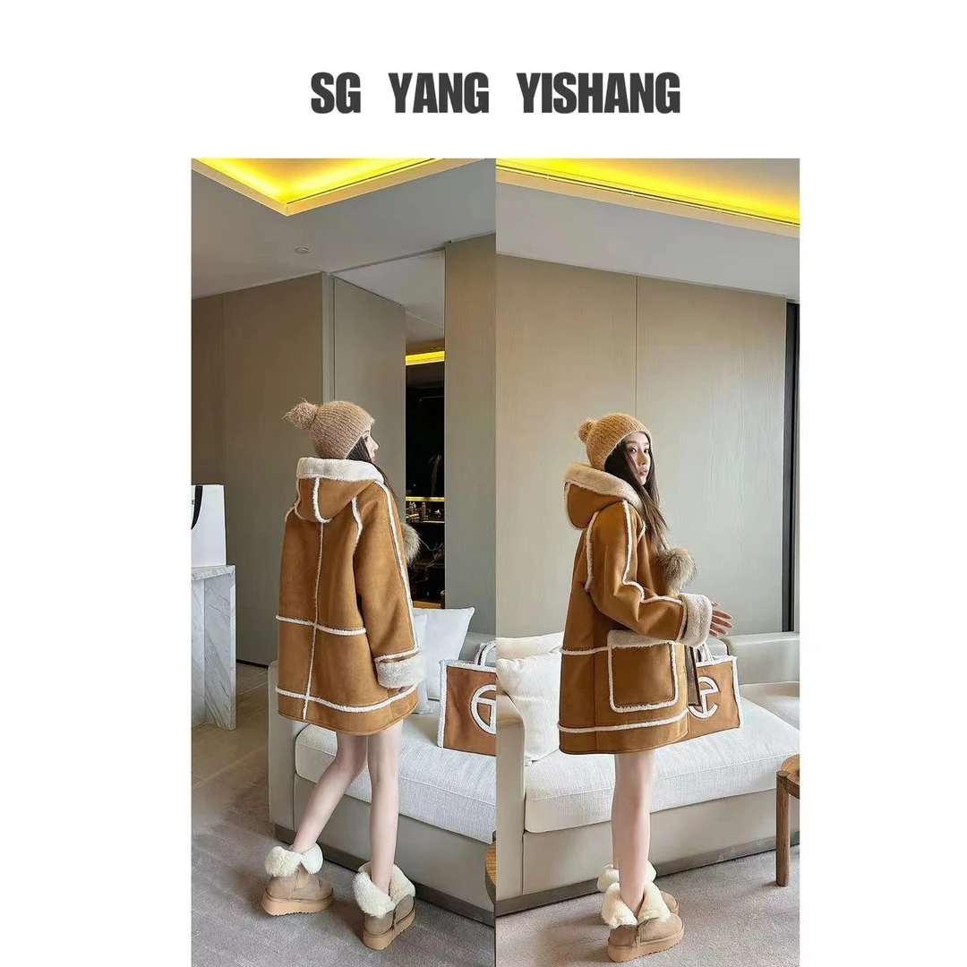 SG/杨依姗AW毛绒拼接大口袋宽松复古连帽外套长短款皮毛一体大衣