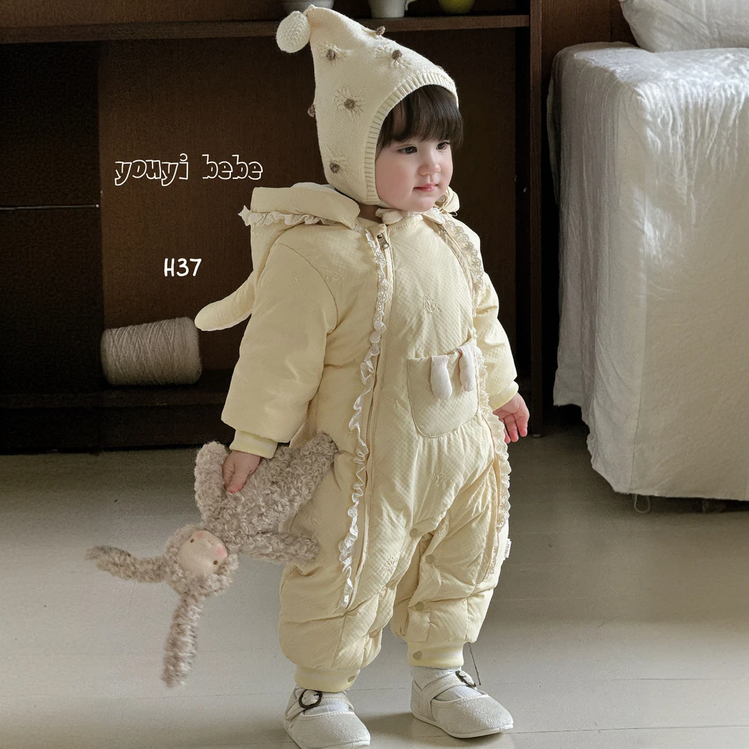 婴儿宝宝连帽保暖白鸭绒双拉链萌兔耳朵清新款式羽绒服哈衣3437