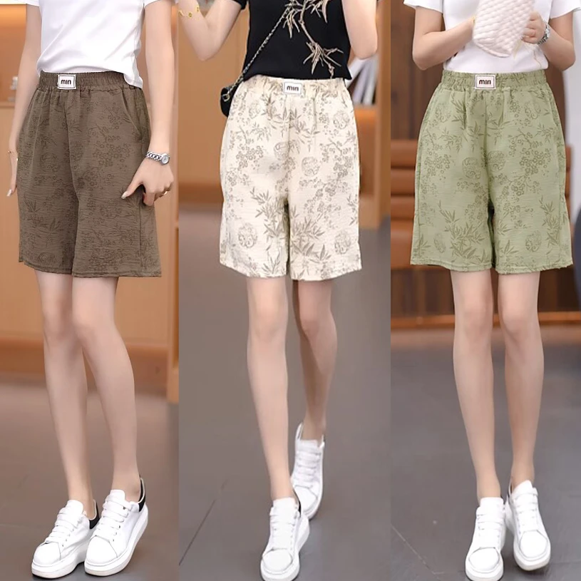 新款夏季薄款国风短裤透气印花五分裤休闲裤垂感阔腿高腰显瘦修身