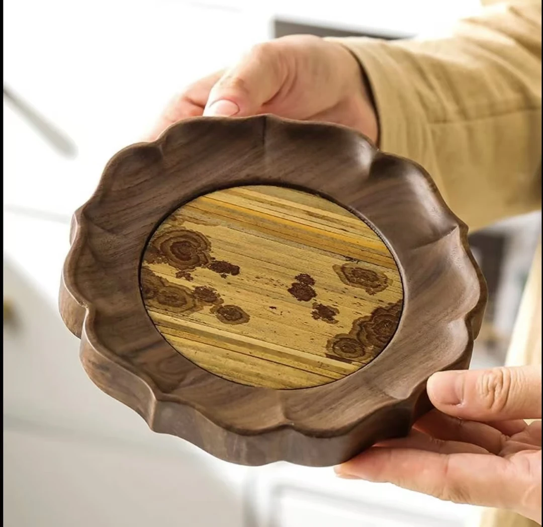 【高品质】北美黑胡桃木湘妃竹壶承杯垫隔热垫干泡盘创意16*16*2cm