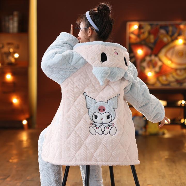 儿童加厚三层夹棉家居服女童冬季加长款保暖法兰绒珊瑚绒睡衣套装