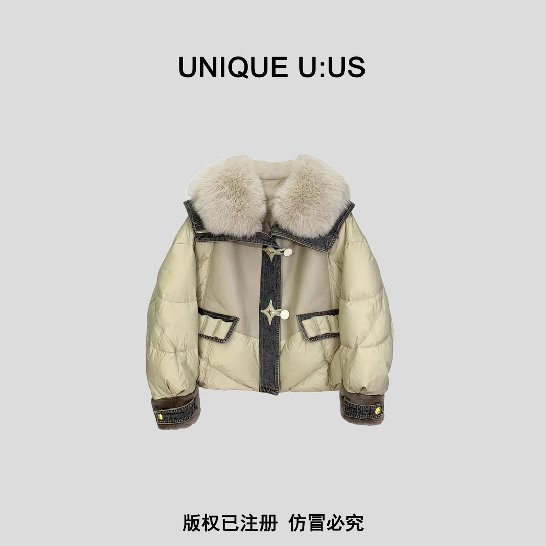 UNIQUE U:US【莫兰迪】法式狐狸毛领牛仔拼接保暖白鸭羽绒服-239859