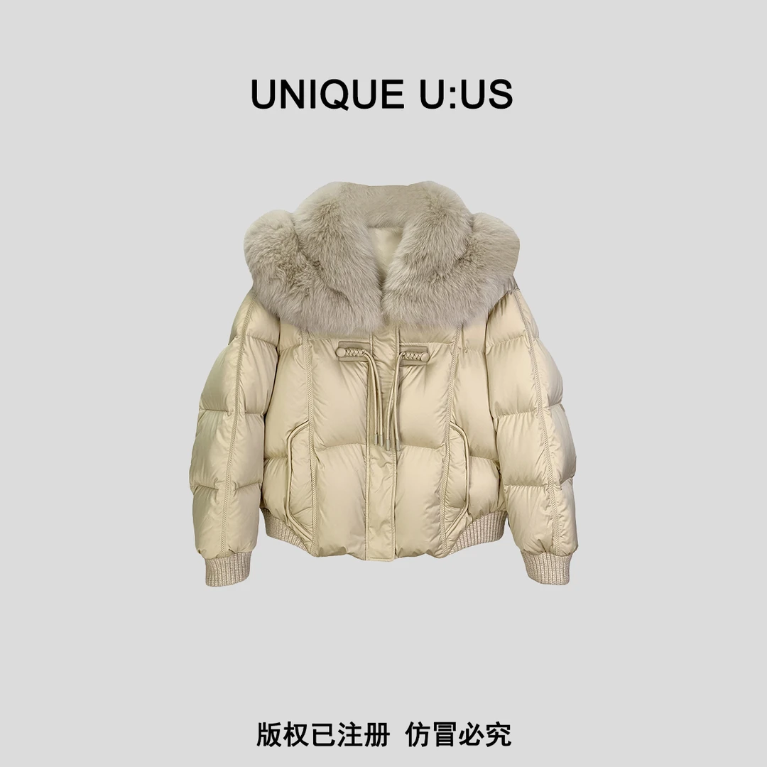 UNIQUE U:US【冬韵风华】国风中式盘扣狐狸毛领90白鸭羽绒服2310050
