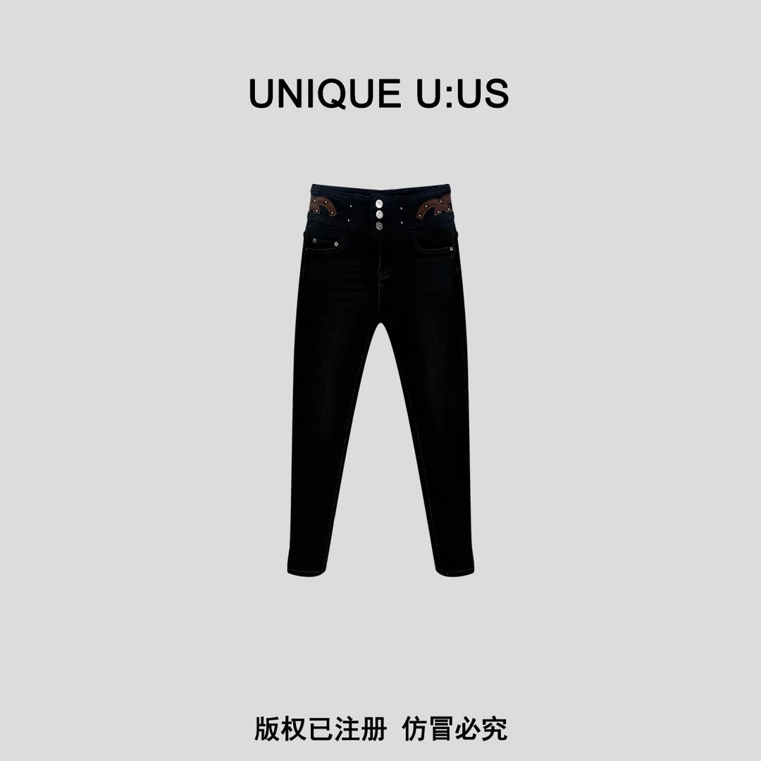 UNIQUE U:US【曲线美学】加绒高弹显瘦百搭紧身高腰牛仔裤-2311159