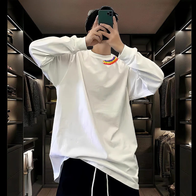 秋冬重磅棉打底衫T恤螺口长袖宽松圆领潮牌男女简约潮流百搭上衣