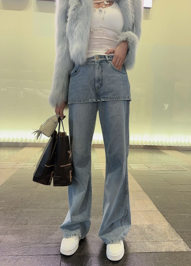 DOUWU【漫画腿精裤】牛仔裤前裤裙腰封拼接阔腿裤子KZ12870