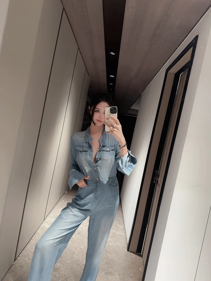 SNLNIE-DOUWU【西域牛仔】蓝色系扣牛仔连体裤LTK12212