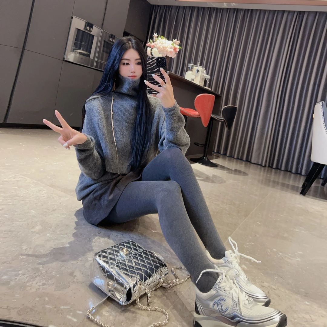 DOUWU【减龄雪妹】灰色高领针织长袖上衣两件套装TZ13015