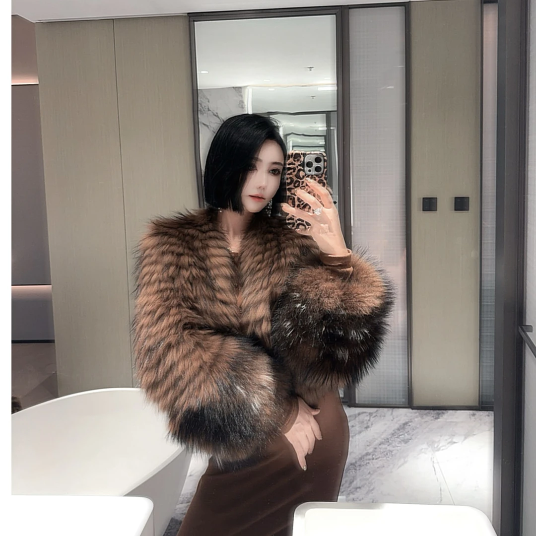 DOUWU【米兰女神】深咖色黑毛毛袖格纹开衫上衣SY12667