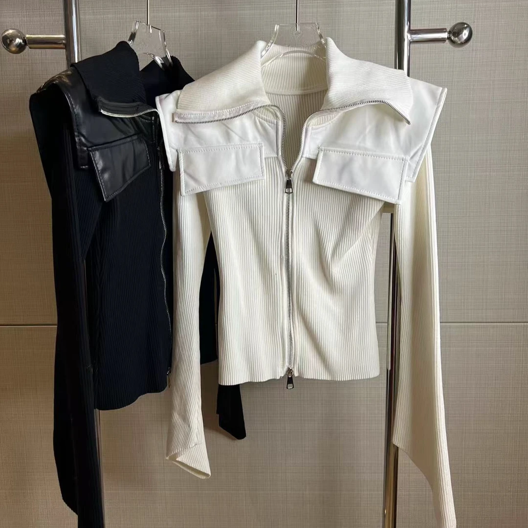 DOUWU【特工情人】黑白两色大翻领拼接款胸兜长袖上衣SY12795