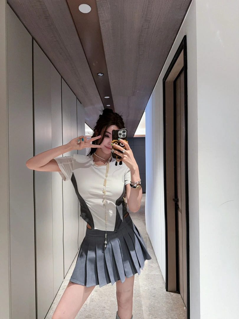 SNLNIE-DOUWU【灰色少女】灰拼白黑拼白两色半袖U底上衣SY12092