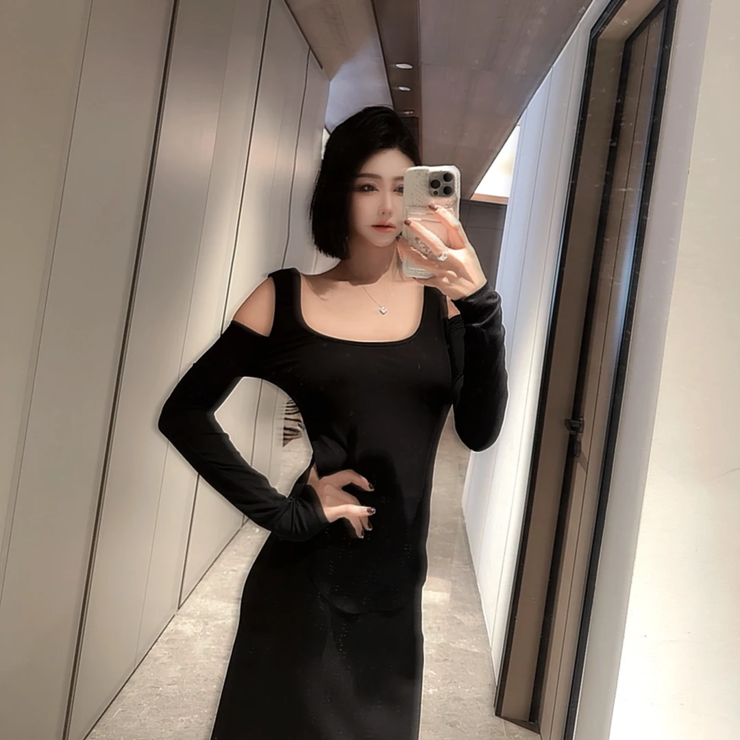 SNLNIE-DOUWU【妖精女孩】黑白两色长袖U领露肩露背上衣SY12473