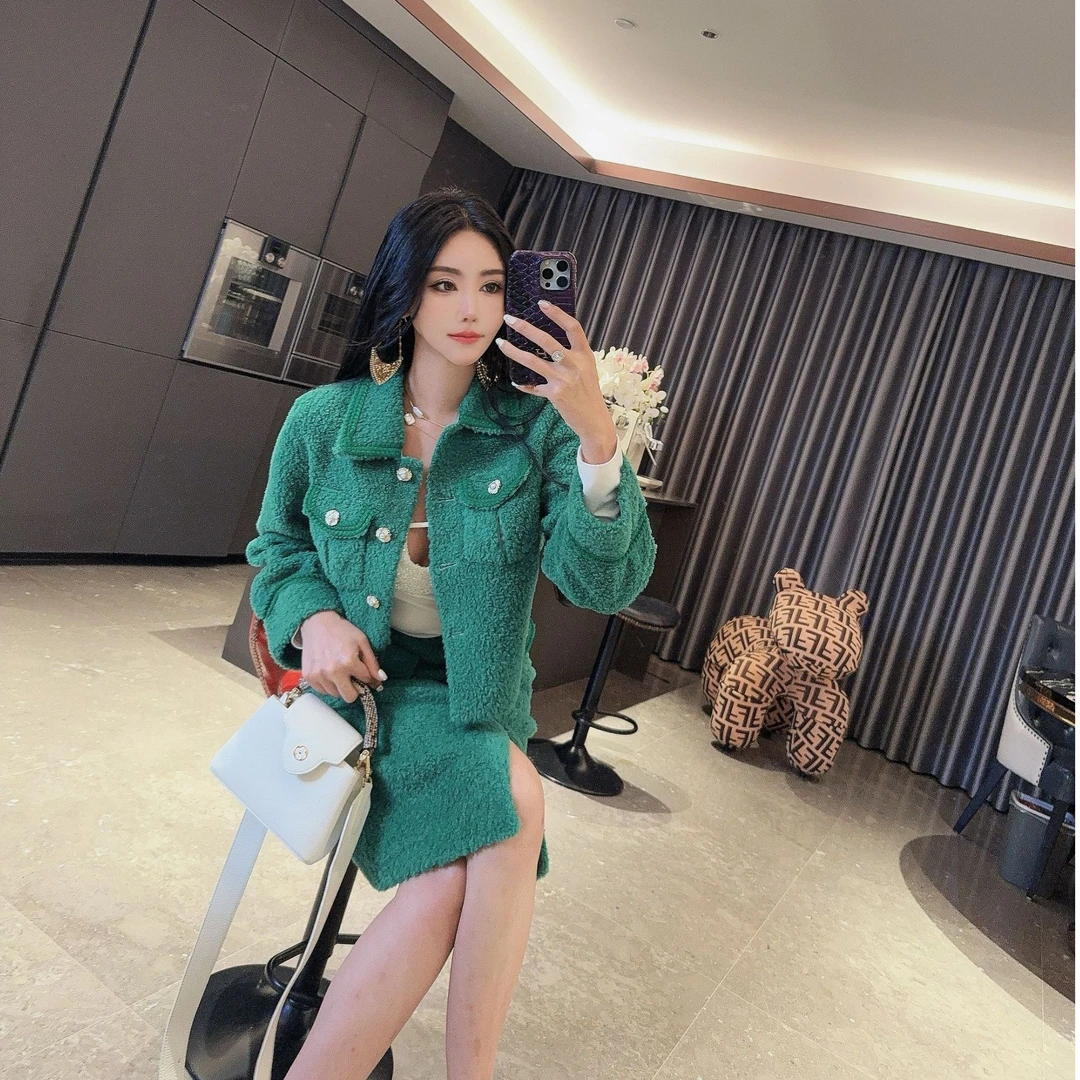DOUWU【绿野仙踪】绿色银扣翻领胸兜长袖外套长裙短裙版套装TZ12976