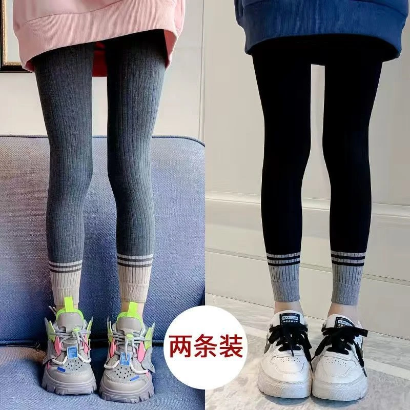 巴拉拉吧女童打底裤春秋外穿竖条抗起球裤袜儿童裤子加绒小女孩时