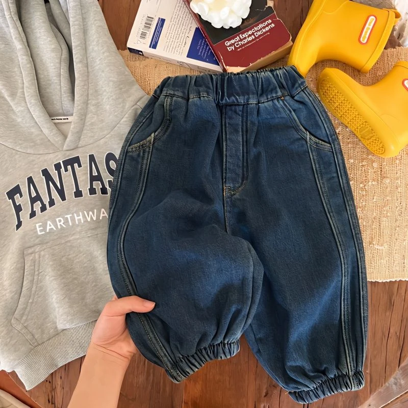 巴拉拉吧有厚度的实用好束口牛仔裤春秋男女童加绒宽松百搭休闲裤