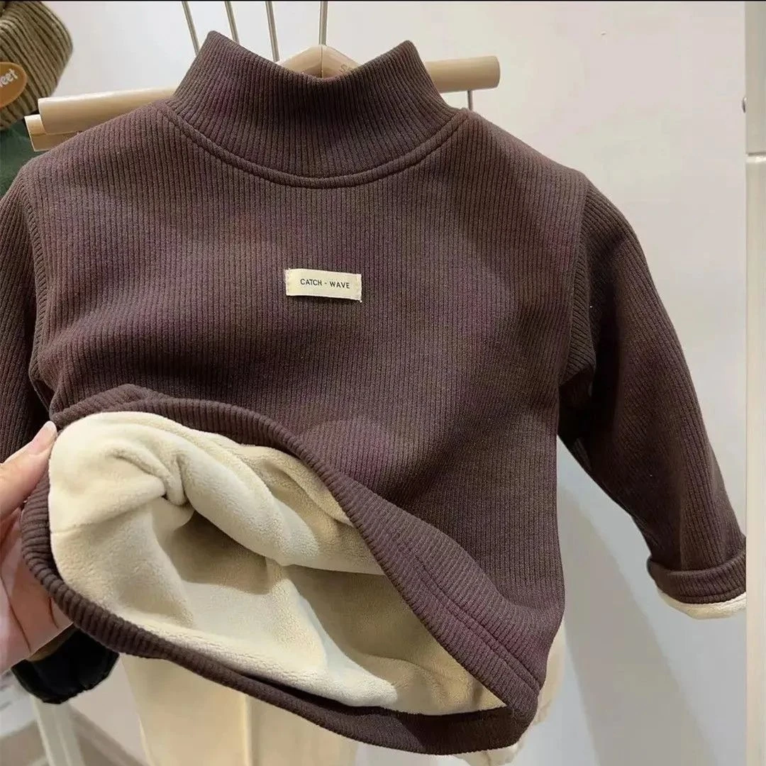 巴拉拉吧2023新款宝宝加厚半高领T恤冬韩版男女童打底衫加绒保暖