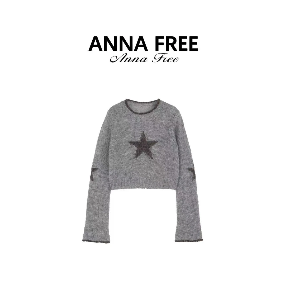 ANNA FREE【暖意】小众设计感星星刺绣灰色针织衫慵懒风毛衣Z8384