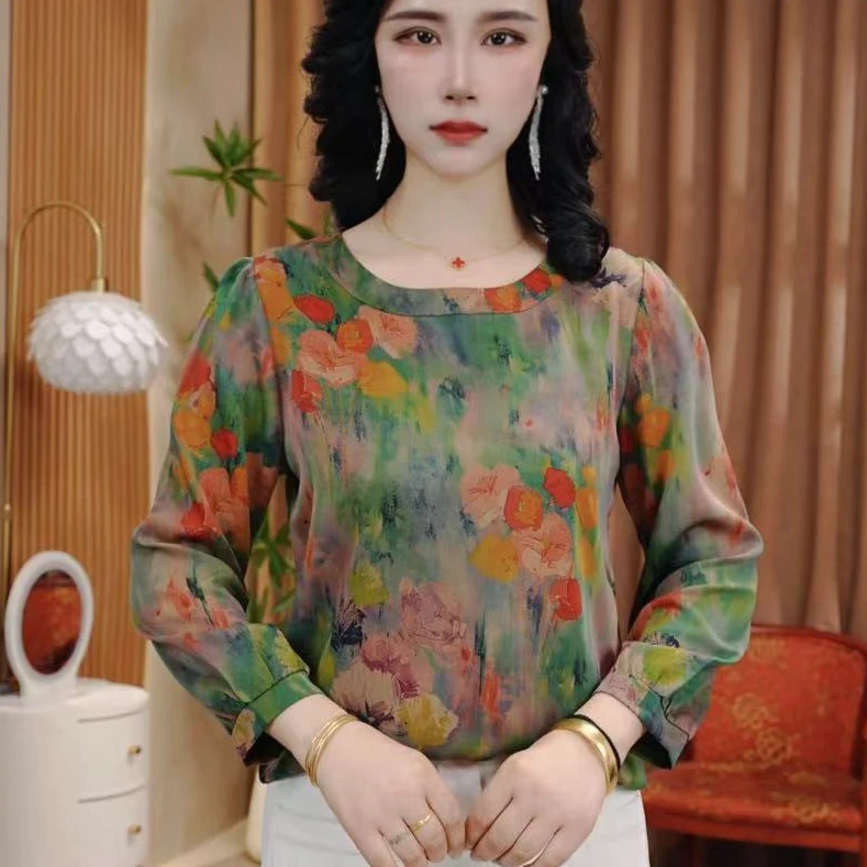 新款定制时尚洋气妈妈装显瘦百搭气质圆领减龄休闲印花小衫