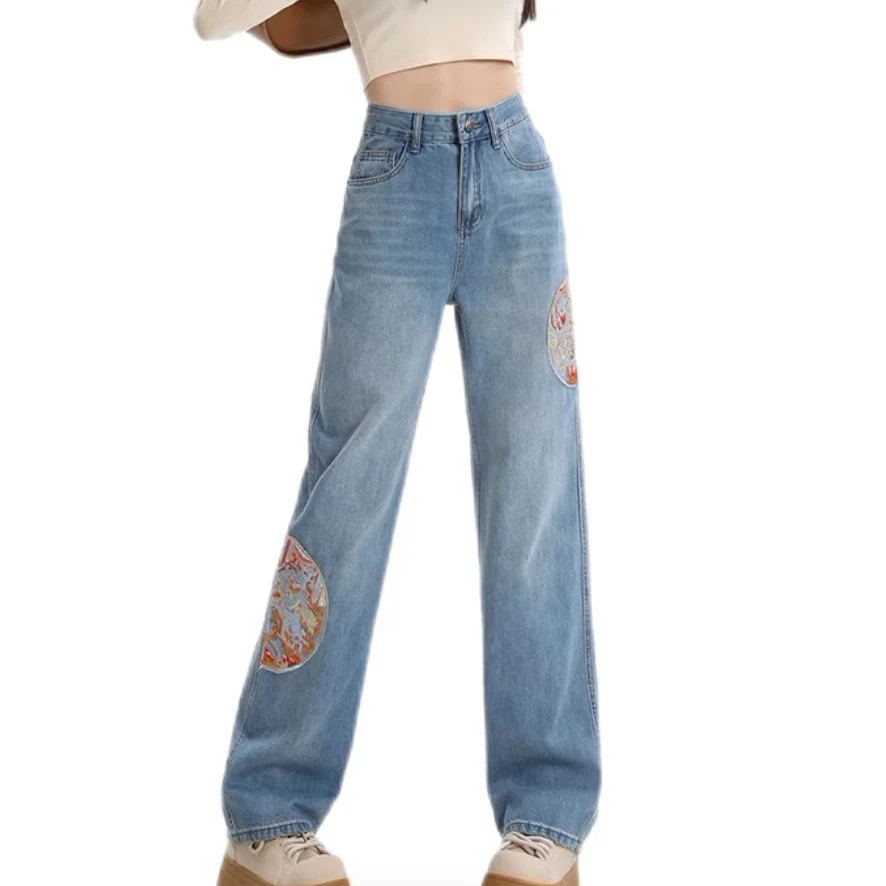 新中式国风刺绣牛仔裤女春秋2024新款显瘦高腰小个子阔腿直筒裤子