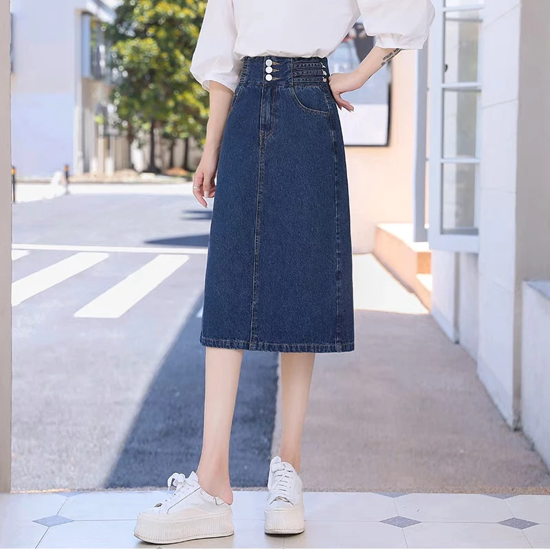 2266【裙长68】牛仔半身裙女春秋新款高腰三粒扣修身显瘦过膝中长裙