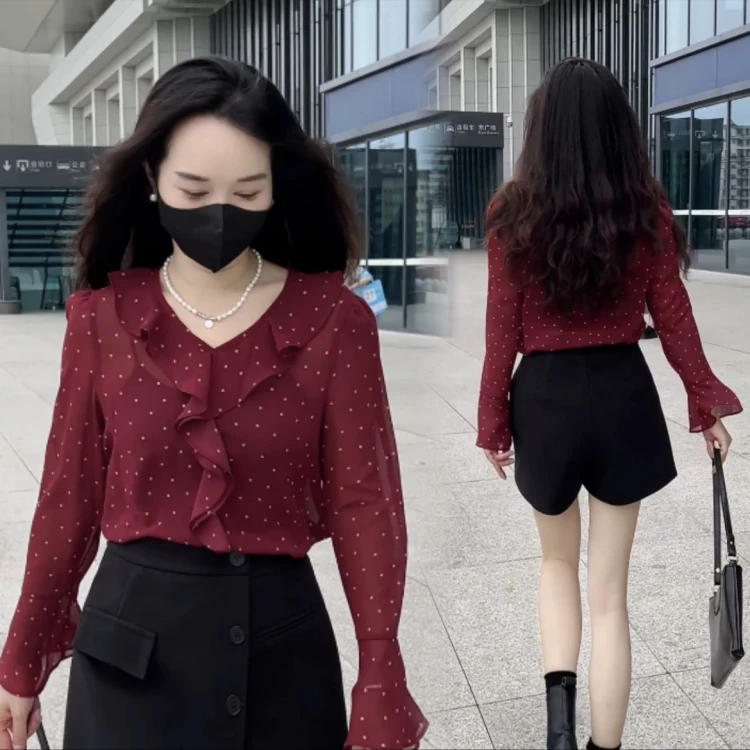 6180波点仙气衬衫女春秋夏洋气V领荷叶边长袖甜美微透喇叭袖上衣