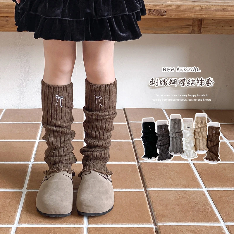 女生袜套春秋刺绣结小腿袜韩版纯色秋冬复古针织毛线保暖堆堆