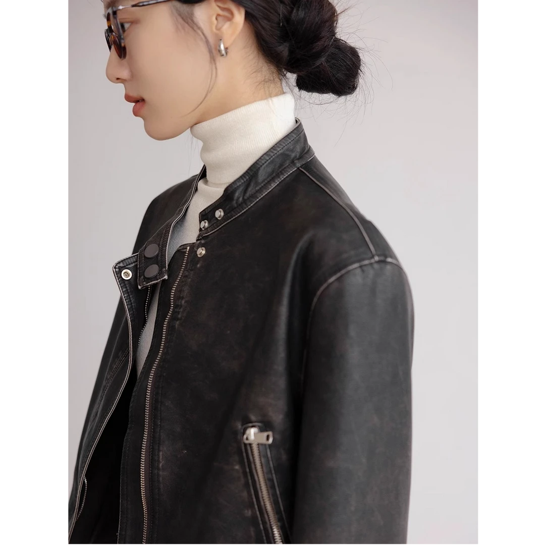 复古皮衣外套女秋季2024新款修身显瘦质感高级夹克美式机车服上衣